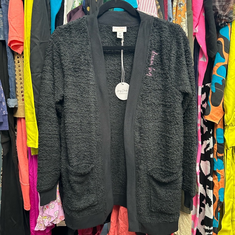 Lacey Chabert Marshmallow Chenille "Dream Big" cardigan in black - Picture 2 of 4